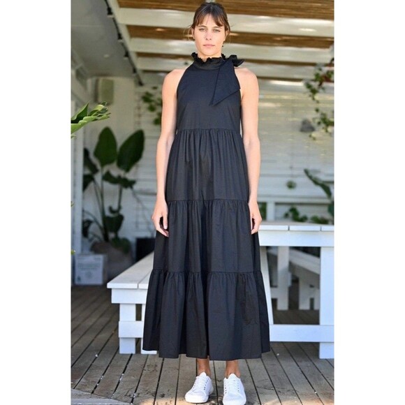 WYATT WYLDE Maxi Dress Large L Black Womens Helena Tie Neck Pockets Cotton New - Picture 1 of 13